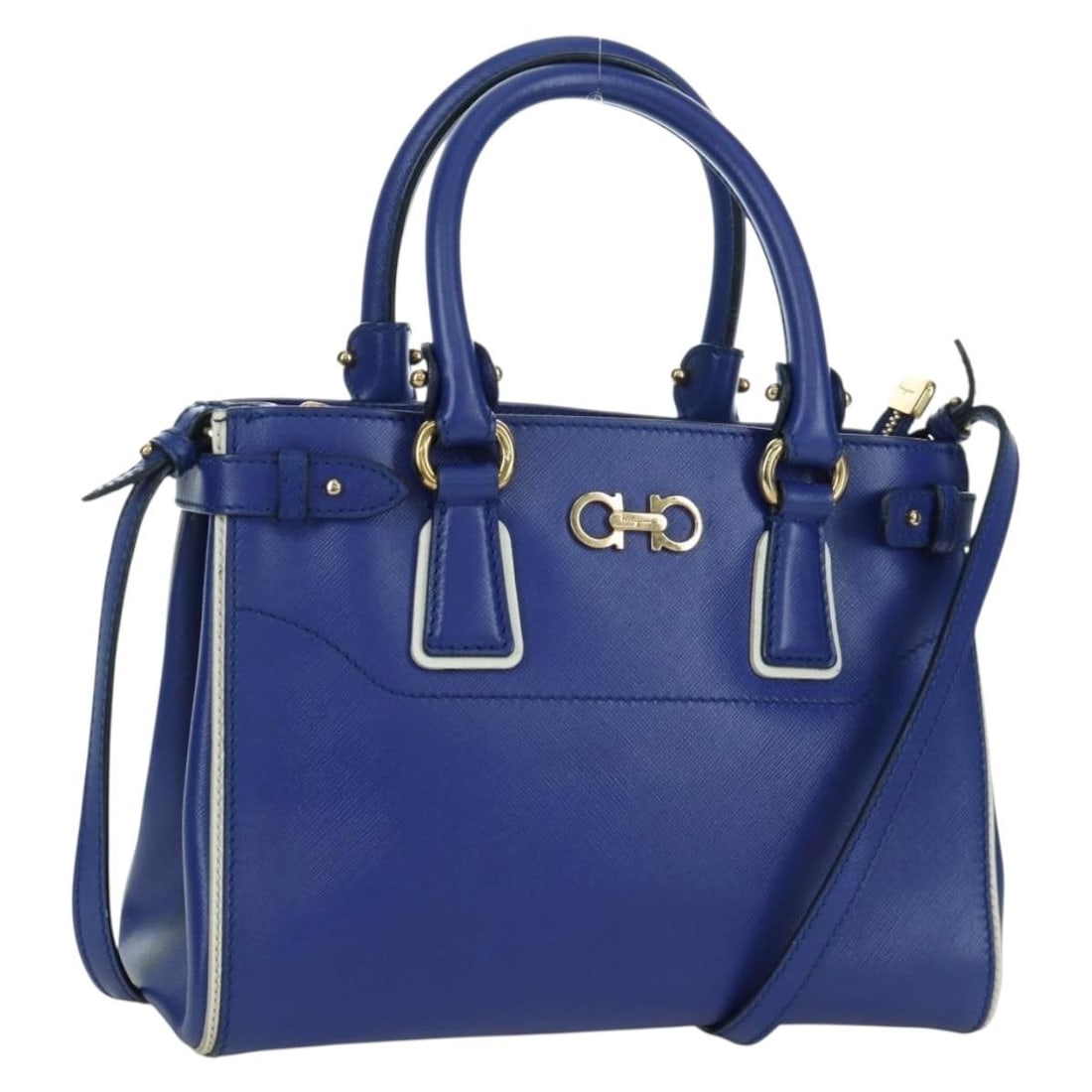 Salvatore Ferragamo Sofia Gancini 2way Leather Handbag Blue Gold (1 of 18)
