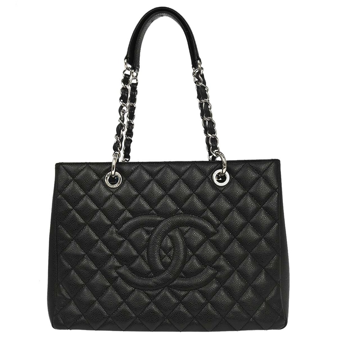CHANEL GST Grand Shopping Tote Black Caviar Leather Chain Bag: CHANEL GST Grand Shopping Tote Black Caviar Leather Chain Bag Chanel Grand Shopping Tote GST chain handbag in black caviar skin leather. This medium tote features double handles, logo accents, an exte