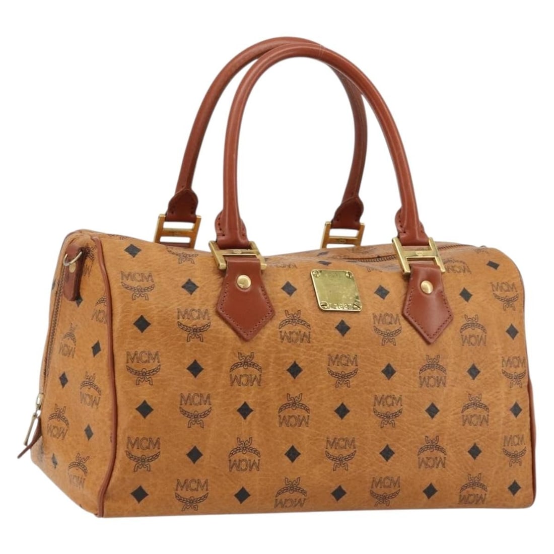MCM Vicetos Brown PVC Leather Handbag Gold Tone Germany: MCM Vicetos Brown PVC Leather Handbag Gold Tone Germany MCM Vicetos logogram hand bag in brown and gold PVC leather. Made in Germany, this hand bag has a structured size of approximately W34 x H17 x D