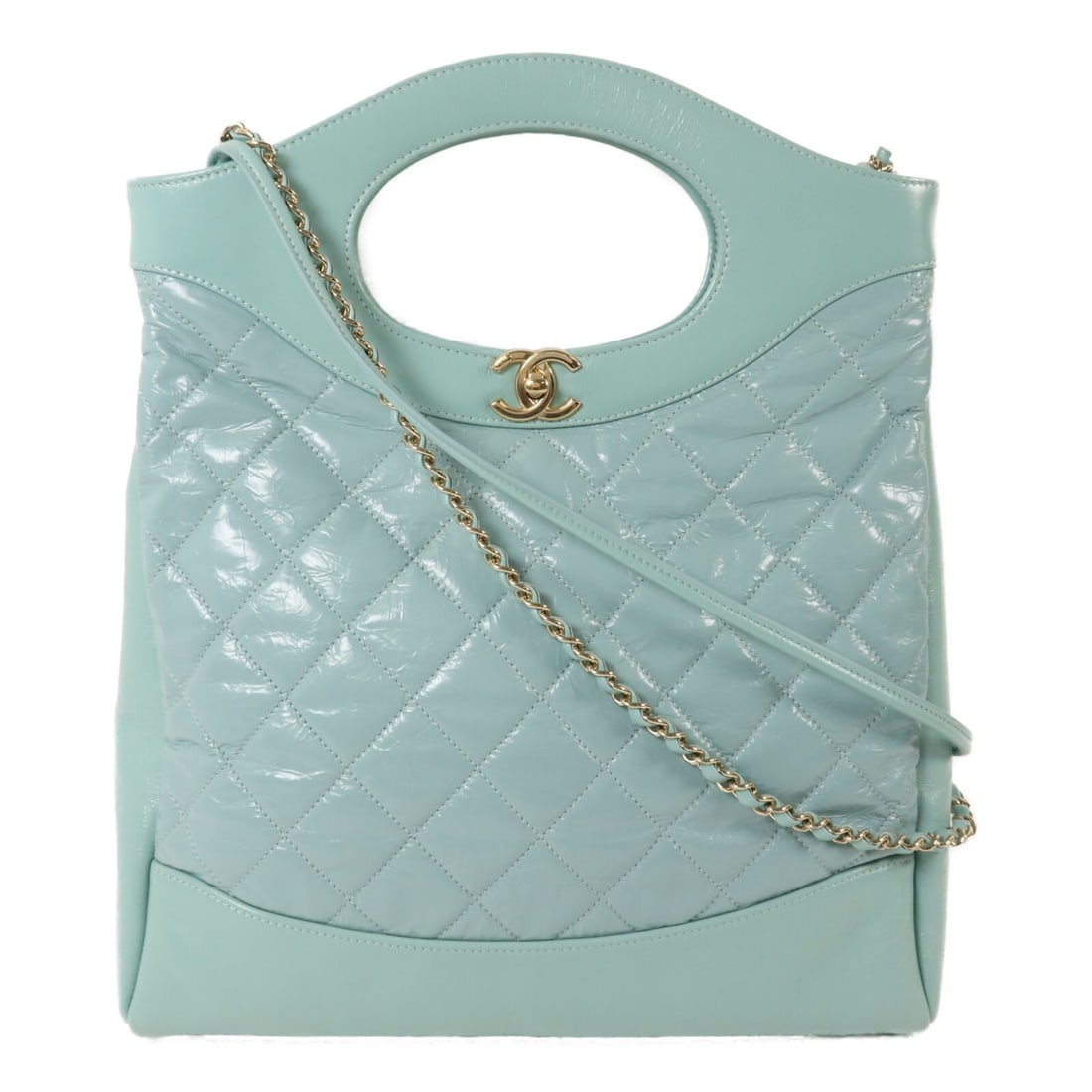 CHANEL Chanel 31 Medium Shoulder Bag Light Blue Calfskin GHW: CHANEL Chanel 31 Medium Shoulder Bag Light Blue Calfskin GHW A Chanel 31 Medium Chain Shoulder Bag in light blue calfskin leather with a chain shoulder strap and turn-lock closure. The bag includes tw