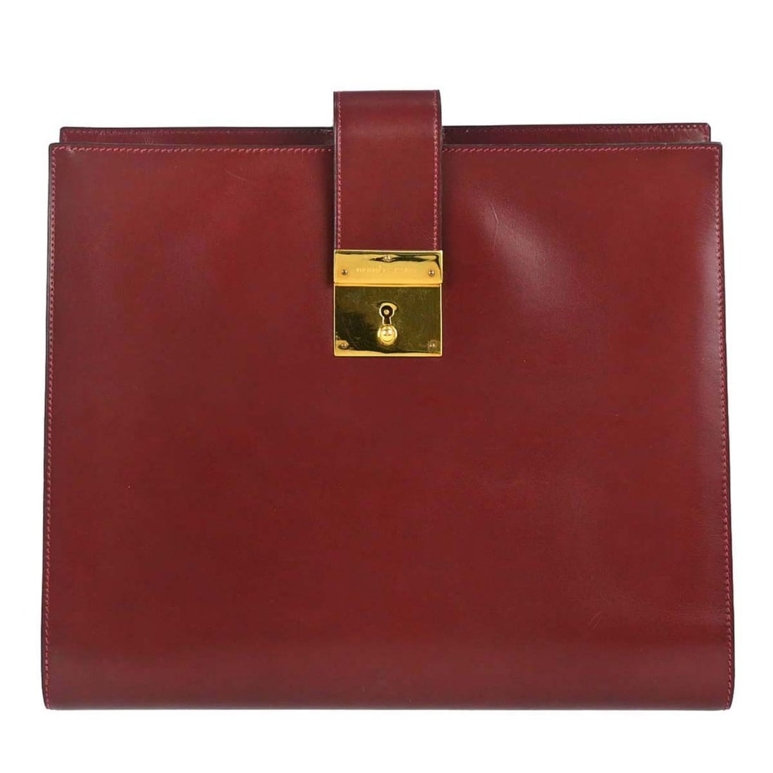 Hermes Box Calf Leather Clutch Portfolio in Rouge H: Hermes Box Calf Leather Clutch Portfolio in Rouge H Hermes document portfolio clutch bag in Rouge H box calf leather with a leather lining. This medium clutch features logo accents and an organized in