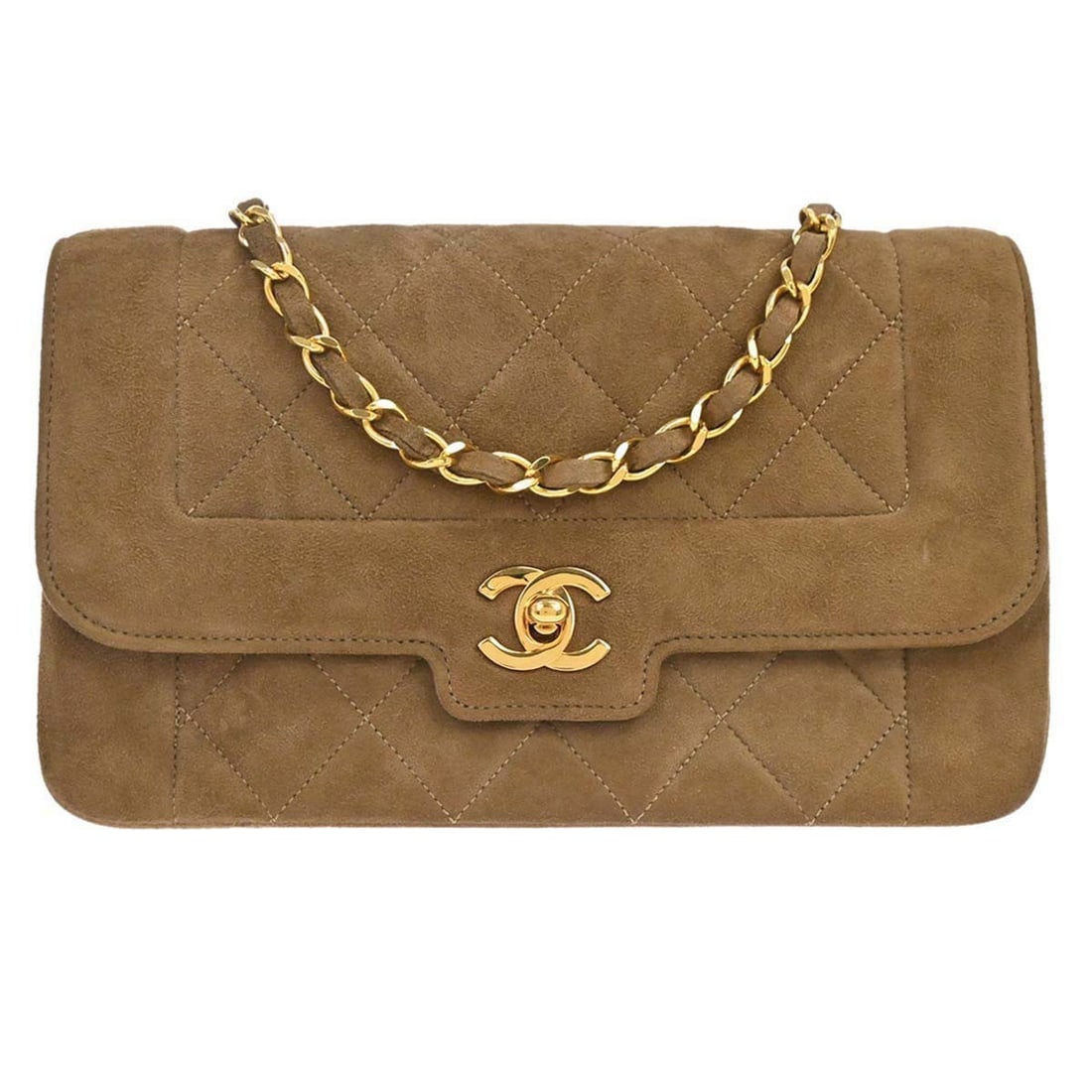 CHANEL quilted suede shoulder bag brown chain strap: CHANEL quilted suede shoulder bag brown chain strap Brown suede Chanel shoulder bag in a small size, made in France. It features a magnetic flap closure, quilted accents, an adjustable shoulder strap 