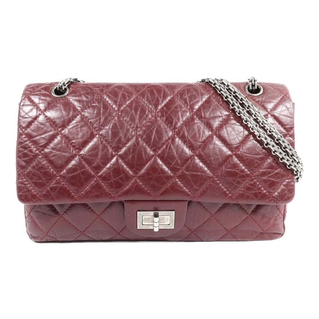 CHANEL 2.55 Large Red Calfskin Shoulder Bag with Chain SHW: CHANEL 2.55 Large Red Calfskin Shoulder Bag with Chain SHW Large chain shoulder bag in red calfskin (cowhide) leather with CC hardware and a turn-lock closure. It features one outside open pocket, one