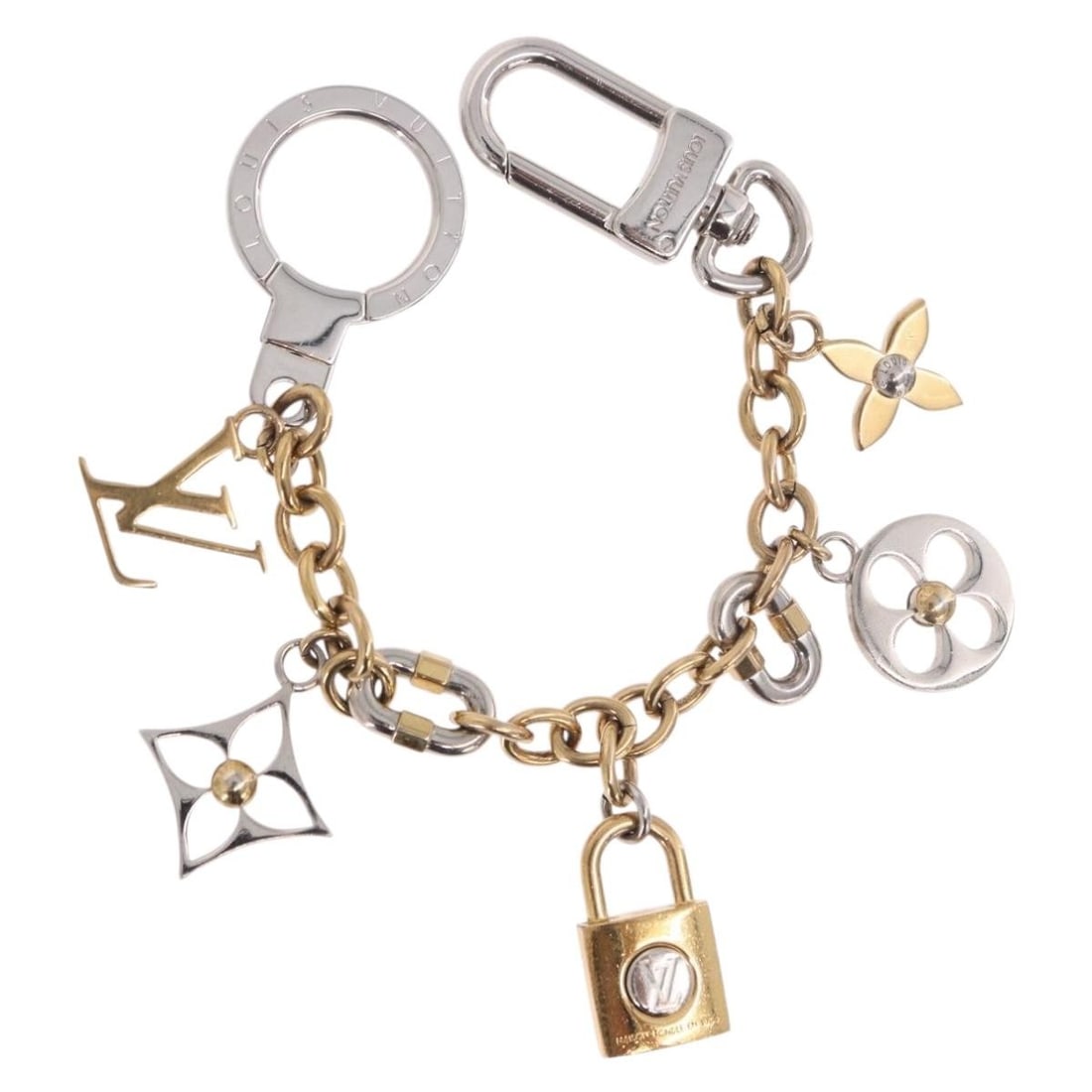 Louis Vuitton M00538 LV Padlock Chain Bag Charm Gold Tone Metal: Louis Vuitton M00538 LV Padlock Chain Bag Charm Gold Tone Metal Louis Vuitton chain LV padlock bag charm in gold tone metal, made in Italy. It comes with a dust bag and item box. The piece measures ap