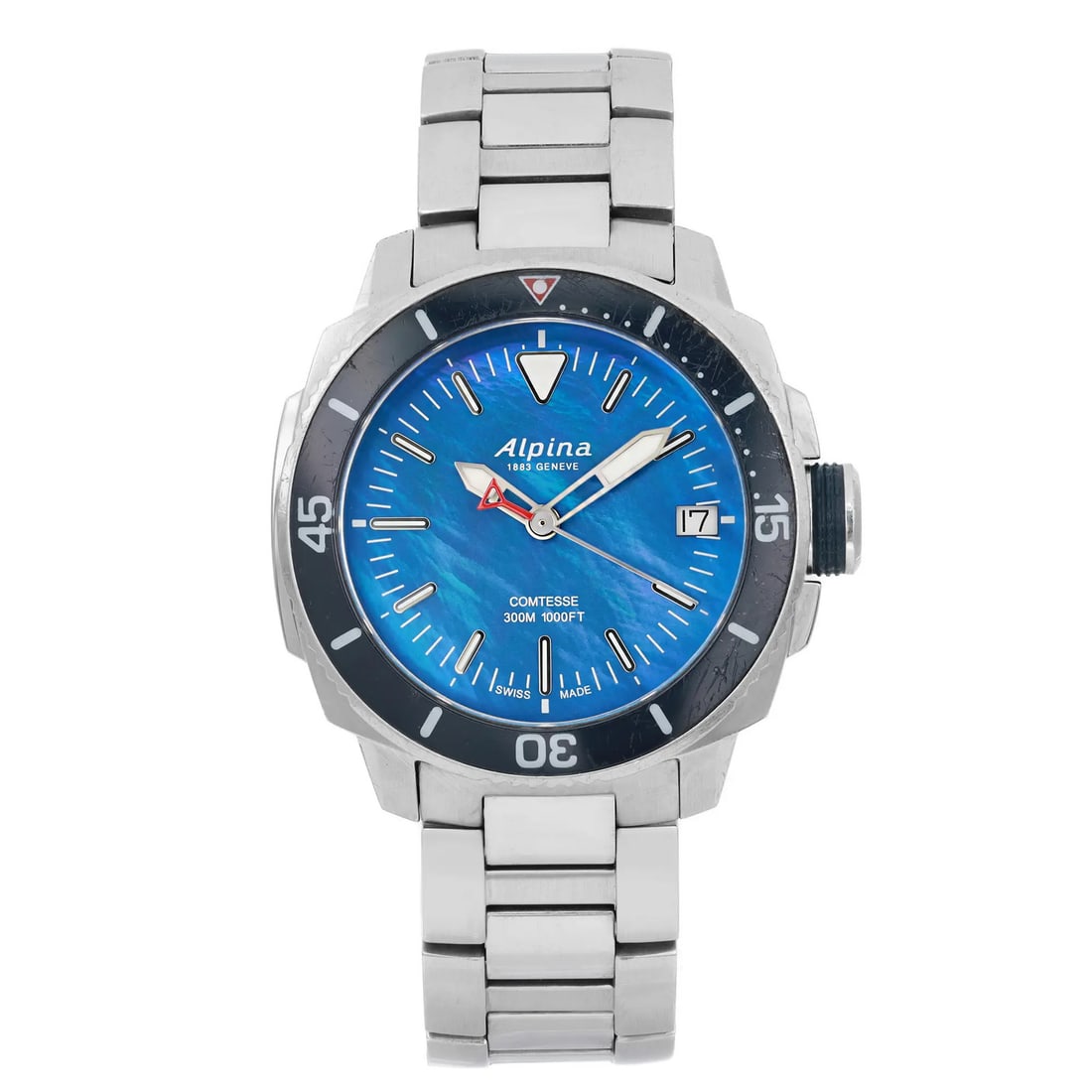 Alpina Comtesse womens quartz watch 35 mm steel blue MOP dial: Alpina Comtesse womens quartz watch 35 mm steel blue MOP dial Alpina Comtesse ladies wristwatch with a 35 mm stainless steel case, blue mother of pearl dial, and analog quartz movement. It features st