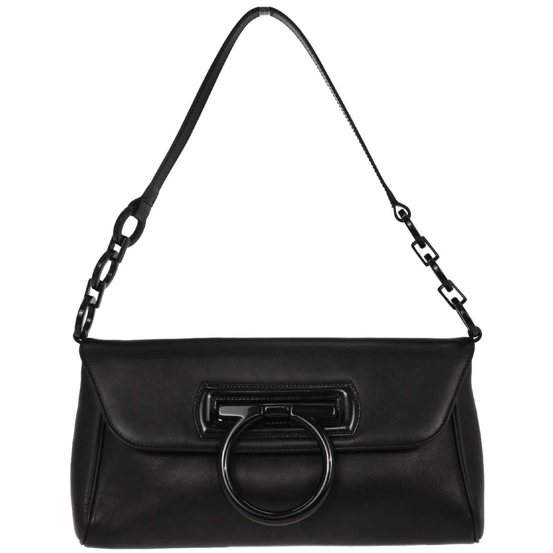 Salvatore Ferragamo Gancini black leather top handle bag AB-21 4820: Salvatore Ferragamo Gancini black leather top handle bag AB-21 4820 Salvatore Ferragamo Gancini top handle handbag in black leather. This medium handbag features the Gancini line styling with logo acc
