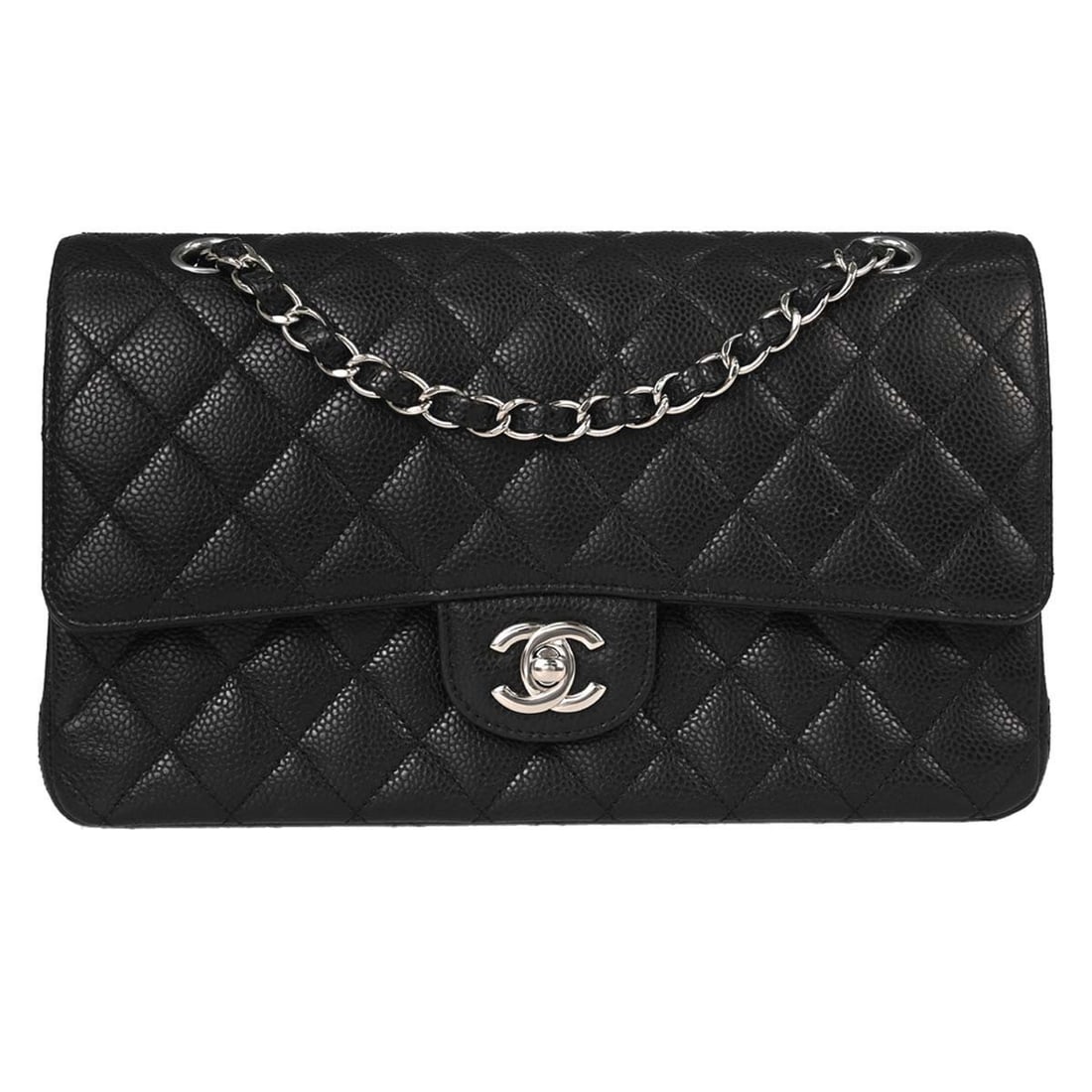 CHANEL Classic Double Flap Medium Black Leather Shoulder Bag: CHANEL Classic Double Flap Medium Black Leather Shoulder Bag Chanel Medium Classic Double Flap shoulder bag in black caviar skin leather. This women's shoulder bag features a turn-lock closure, should