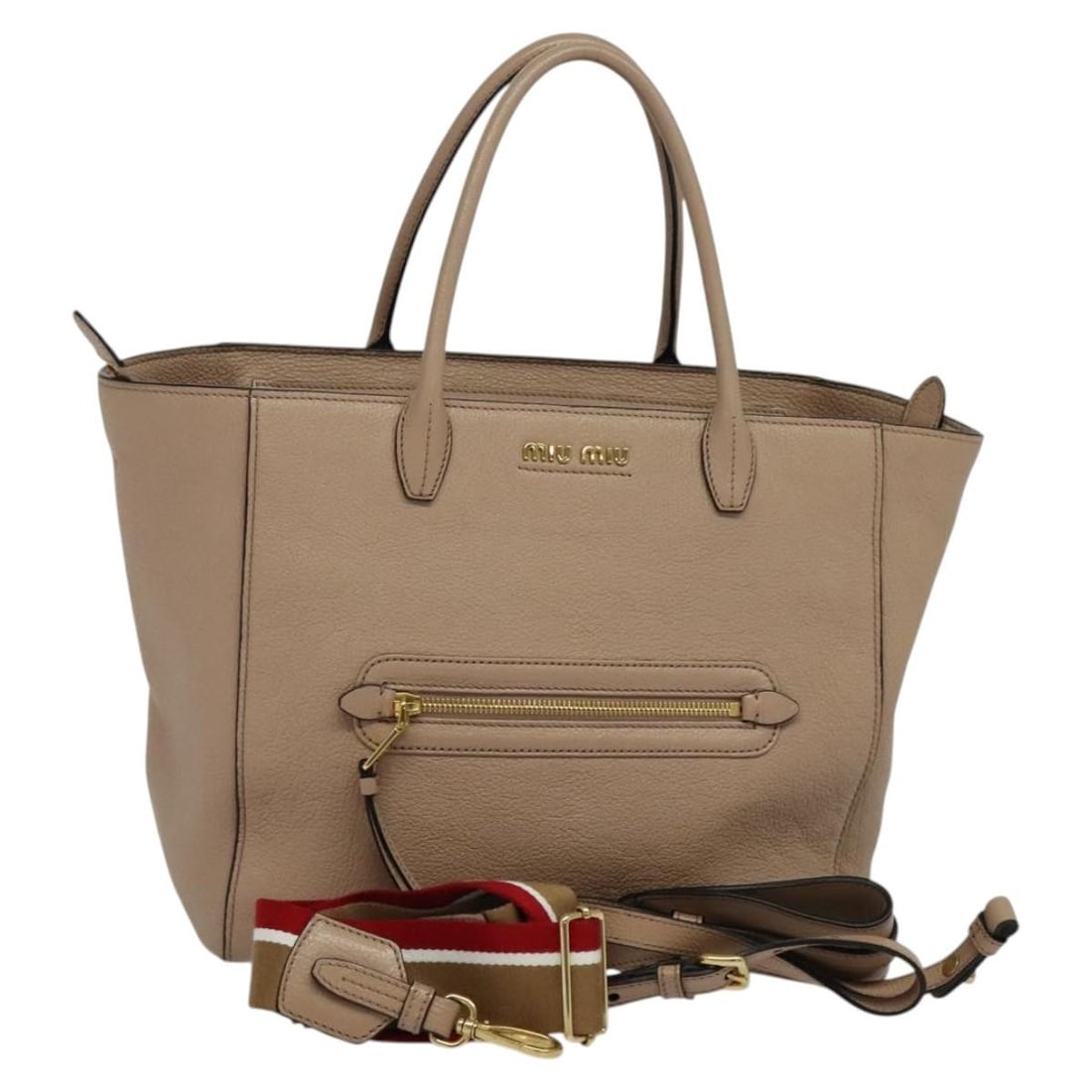 Miu Miu Beige Leather 2way Tote Bag with Strap and Dust Bag: Miu Miu Beige Leather 2way Tote Bag with Strap and Dust Bag This Miu Miu tote bag is crafted from leather in a beige and gold color combination. It is a 2-way style and comes with a dust bag and