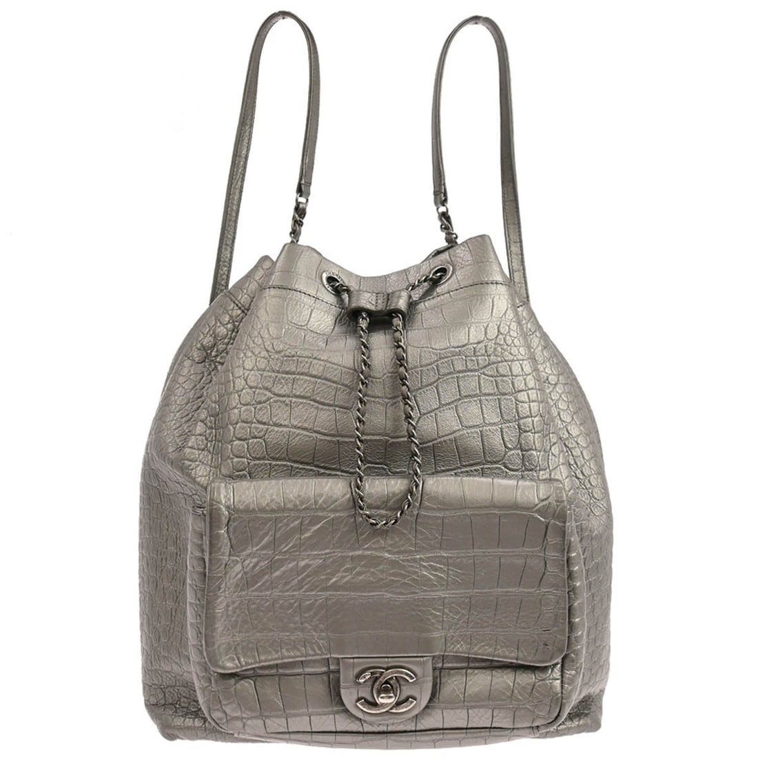 CHANEL Embossed Silver Leather Drawstring Backpack: CHANEL Embossed Silver Leather Drawstring Backpack Chanel embossed leather backpack in silver with a drawstring closure and turnlock logo accent. Made in Italy, this medium backpack features one exter
