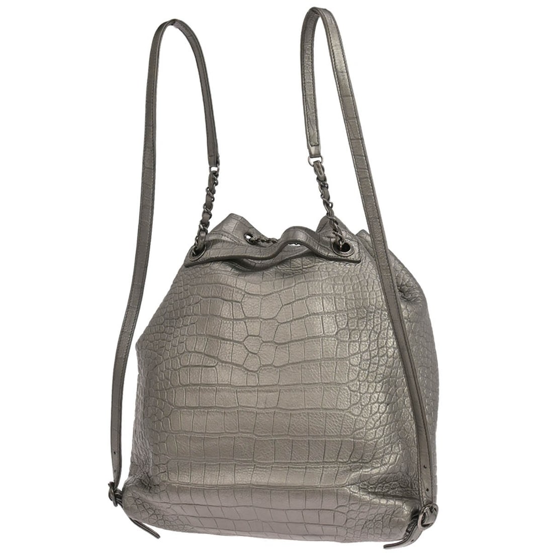 CHANEL Embossed Silver Leather Drawstring Backpack - 2
