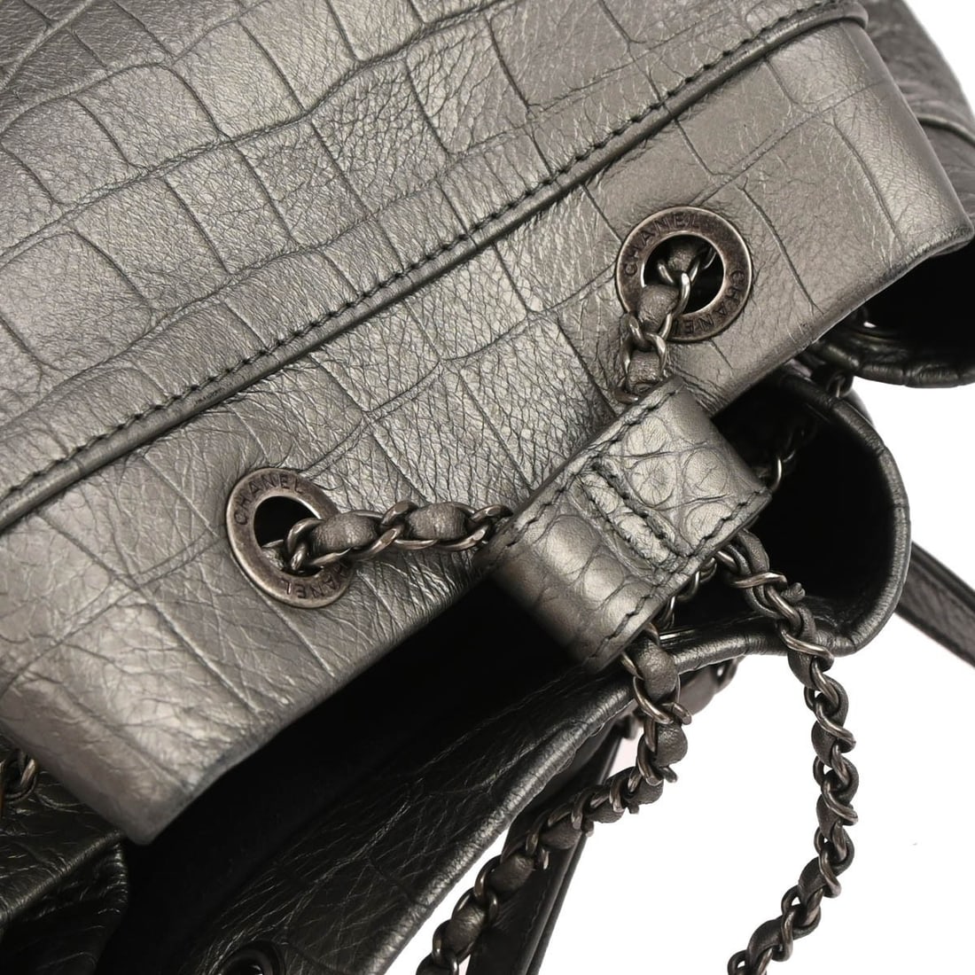 CHANEL Embossed Silver Leather Drawstring Backpack - 3