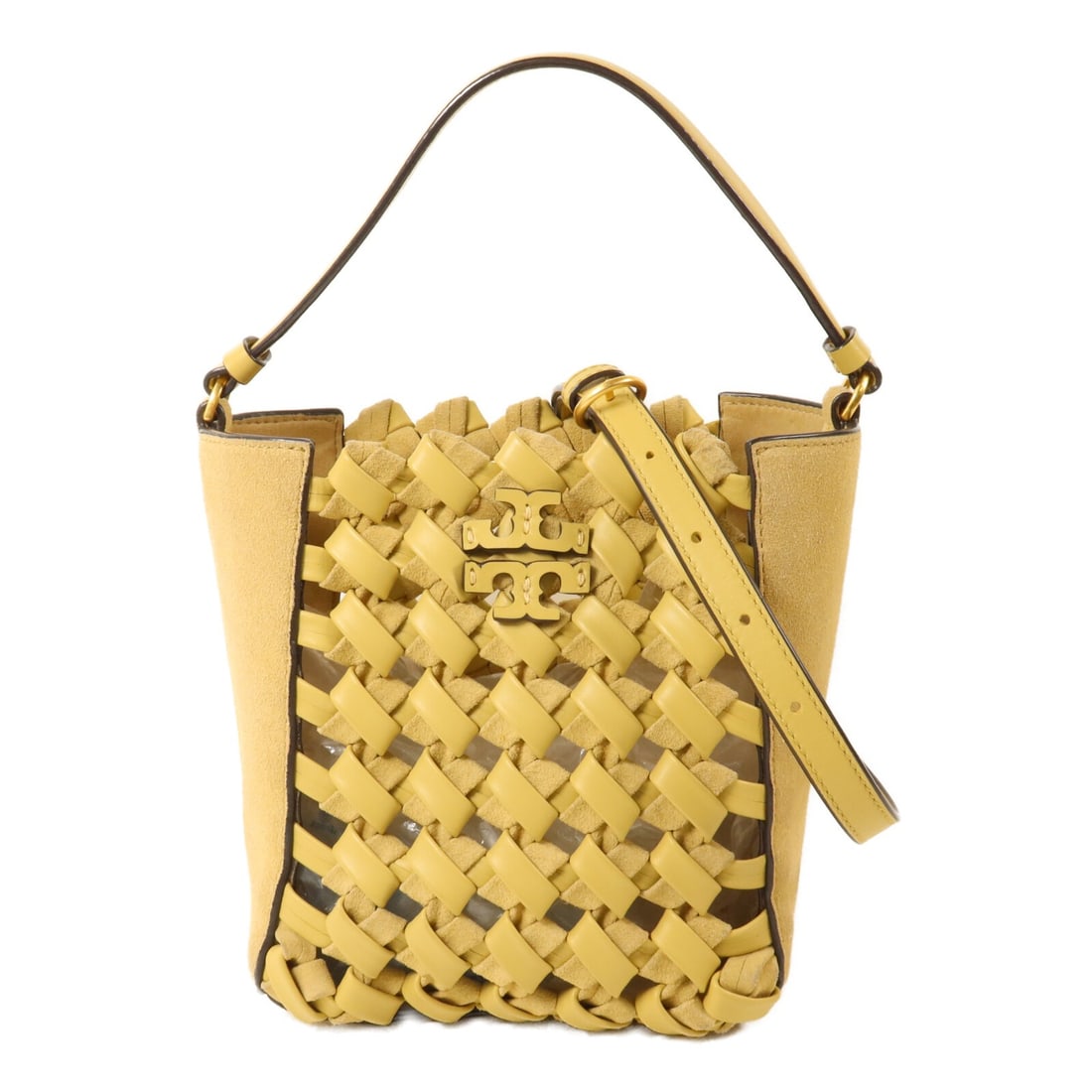 Tory Burch 2way Shoulder Bag Yellow Calfskin Suede with Strap: Tory Burch 2way Shoulder Bag Yellow Calfskin Suede with Strap A Tory Burch 2-way shoulder bag in light yellow, made from calfskin (cowhide) and suede. It features a shoulder strap and storage bag