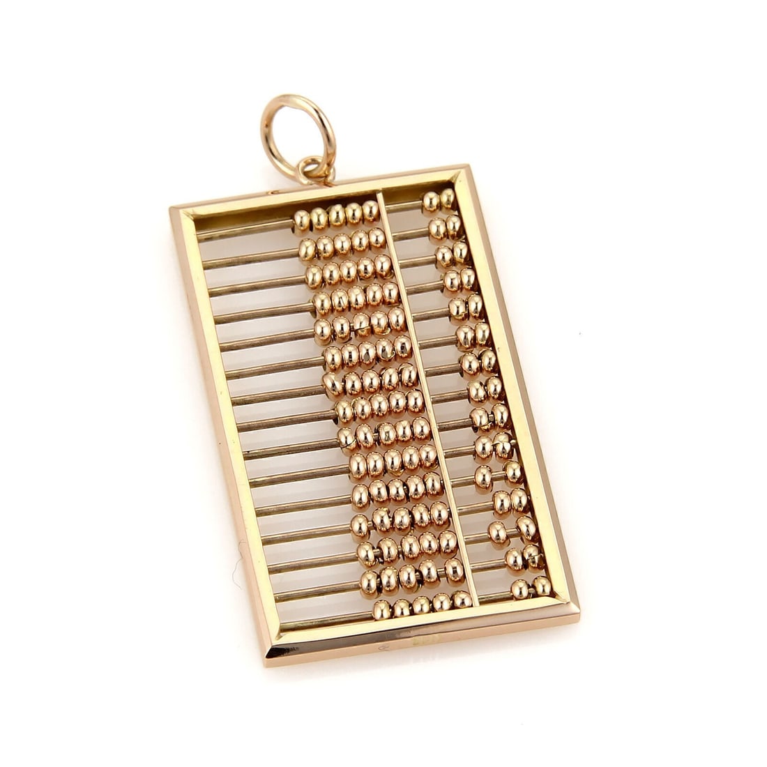Vintage 18k Rose Gold Functional Abacus Charm Pendant: Vintage 18k Rose Gold Functional Abacus Charm Pendant This pre-owned vintage estate charm pendant features a functional movable abacus calculator design with an elongated rectangular silhouette. It