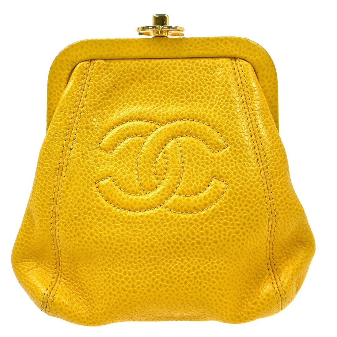 CHANEL Caviar Skin Coin Wallet Wristlet Yellow Leather: CHANEL Caviar Skin Coin Wallet Wristlet Yellow Leather Yellow Chanel coin wallet purse in caviar skin leather, made in Italy. It is described as a women's wristlet-style coin wallet with fair conditio