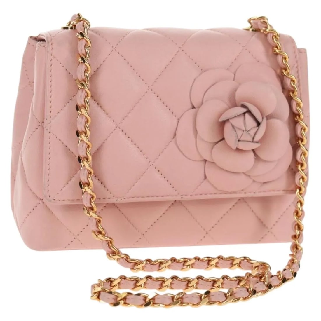 Pink Lambskin Camellia Flap Shoulder Bag by Chanel Vintage Collection: Pink Lambskin Camellia Flap Shoulder Bag by Chanel Vintage Collection This Chanel Vintage Camellia Flap Bag features quilted lambskin leather in a pink hue, designed for women. The bag is crafted in I