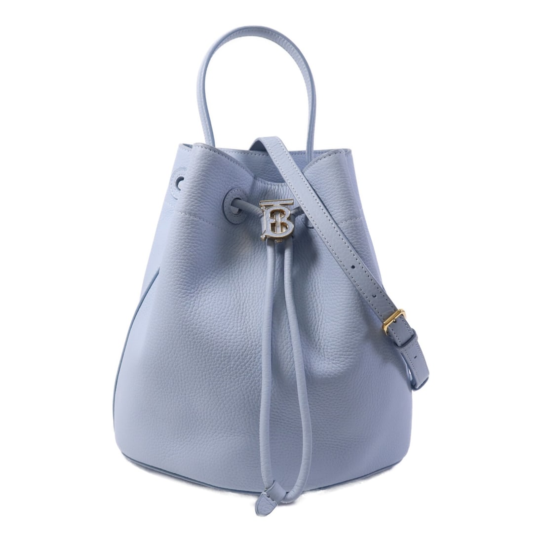 Burberry TB Bucket Bag Calfskin 2 Way Shoulder Bag Blue: Burberry TB Bucket Bag Calfskin 2 Way Shoulder Bag Blue A Burberry 2-way shoulder bag in calfskin (cowhide) leather, presented in blue and baby blue. The bag is a bucket bag style with a regular size 