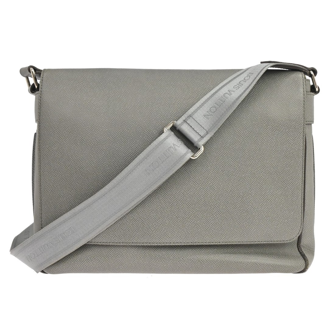 Louis Vuitton Andrei Gray Taiga Leather Crossbody Bag M32623: Louis Vuitton Andrei Gray Taiga Leather Crossbody Bag M32623 Vintage Louis Vuitton shoulder bag in gray Taiga leather with silver-tone hardware and a crossbody style. The bag features exterior and int