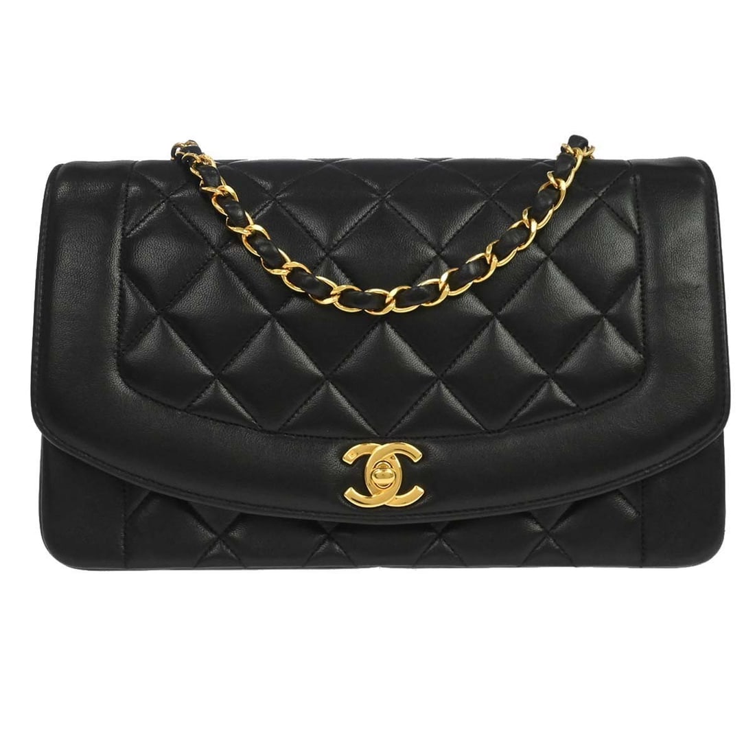 CHANEL Diana Medium Shoulder Bag in Black Lambskin: CHANEL Diana Medium Shoulder Bag in Black Lambskin Chanel Diana medium shoulder bag in black lambskin with a canvas lining and shoulder strap. This women's bag features interior pockets and is made in