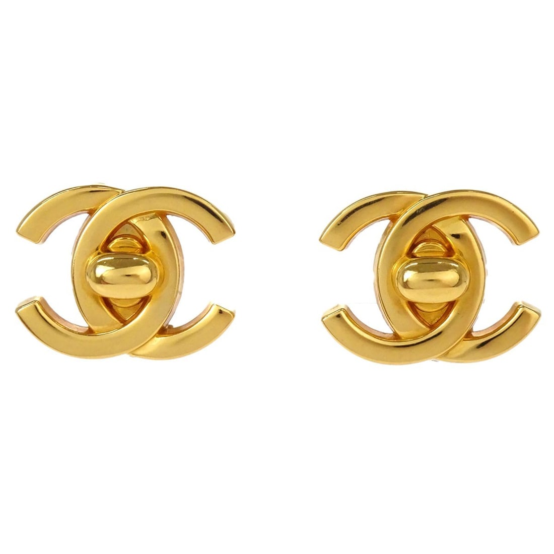 CHANEL Turnlock Gold Plated Clip On Earrings Large 97P: CHANEL Turnlock Gold Plated Clip On Earrings Large 97P Gold-plated clip-on earrings in a Turnlock style, made in France. The earrings are described as being in very good condition with scuffs noted on