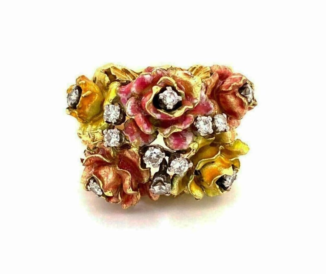 Vintage 18k Yellow Gold Floral Statement Ring Enamel Diamond Size 6: Vintage 18k Yellow Gold Floral Statement Ring Enamel Diamond Size 6 This vintage estate floral statement ring is crafted in 18k yellow gold and features enamel accents with diamonds totaling approxima
