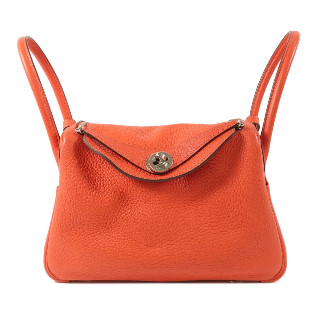 Hermes Lindy 26 Clemence Leather 2 Way Bag Orange Poppy PHW: Hermes Lindy 26 Clemence Leather 2 Way Bag Orange Poppy PHW Hermes Lindy 26 2-way shoulder bag in orange poppy, made from Taurillon Clemence and calfskin (cowhide). It features a turn lock closure, ou