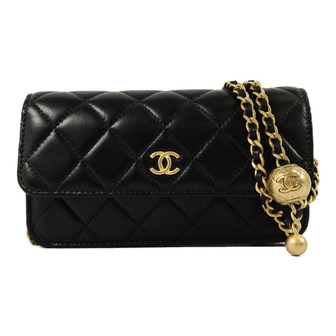 CHANEL AP3071 CC Phone Chain Shoulder Bag Black Lambskin: CHANEL AP3071 CC Phone Chain Shoulder Bag Black Lambskin A CHANEL CC GHW phone chain shoulder bag in black lambskin leather. It features a compact silhouette with a shoulder chain strap, one card slot