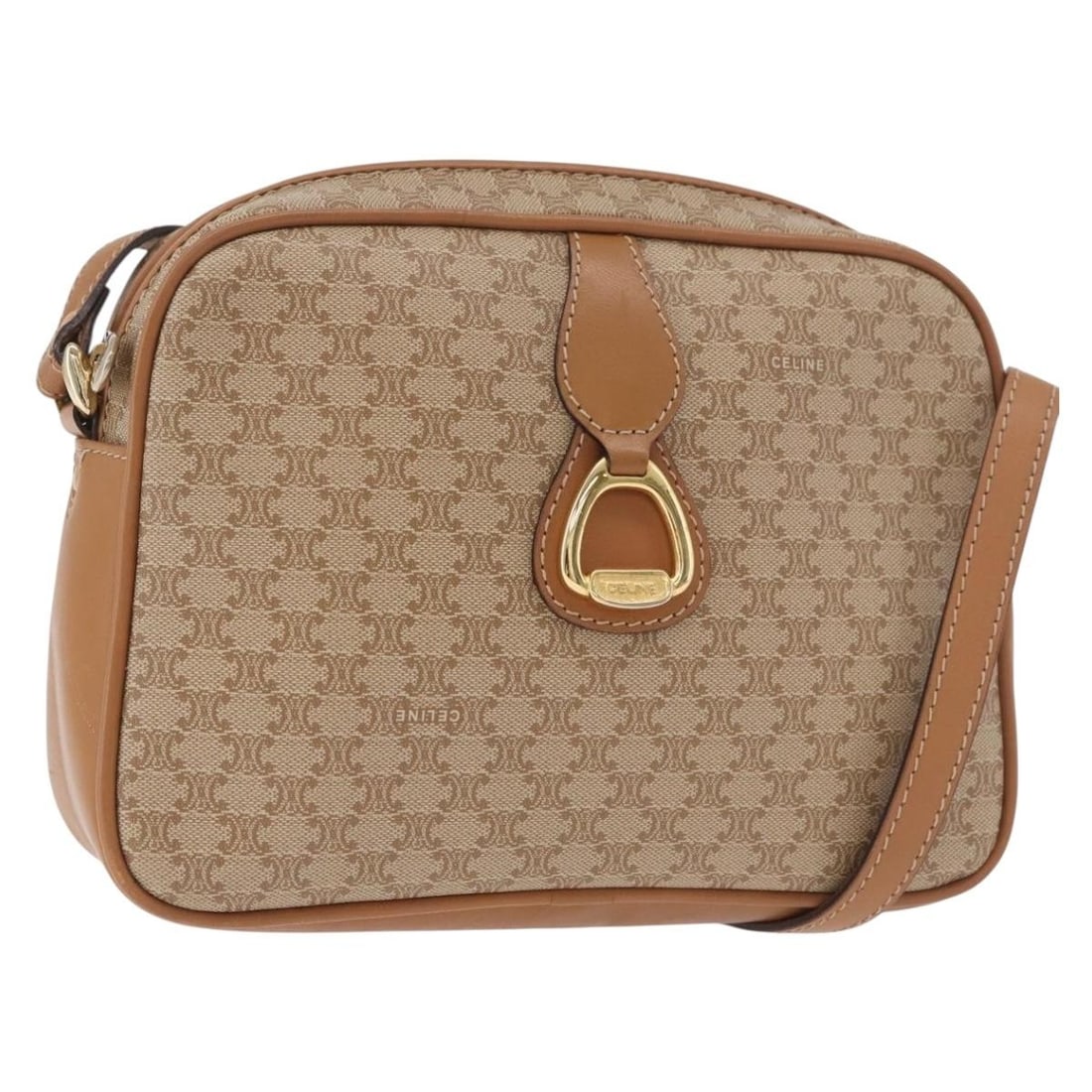 CELINE Macadam Shoulder Bag in Beige PVC Leather Gold Tone: CELINE Macadam Shoulder Bag in Beige PVC Leather Gold Tone CELINE Macadam Canvas shoulder bag in beige and gold, made in Italy from PVC leather and Macadam canvas. It features a shoulder strap with an