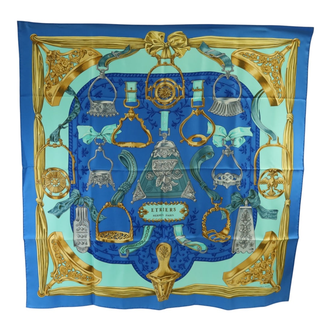 Hermes Silk Scarf 90x90 Blue Gold Multicolor France (1 of 8)
