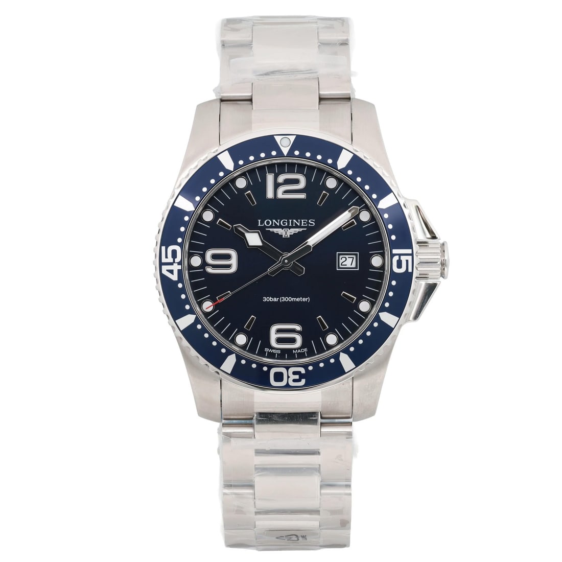 Men's 44mm Steel Blue Analog Longines HydroConquest Quartz Wristwatch L3.840.4.96.6: Men's 44mm Steel Blue Analog Longines HydroConquest Quartz Wristwatch L3.840.4.96.6 This Longines HydroConquest men's wristwatch features a 44mm polished stainless steel case with a blue dial and unid