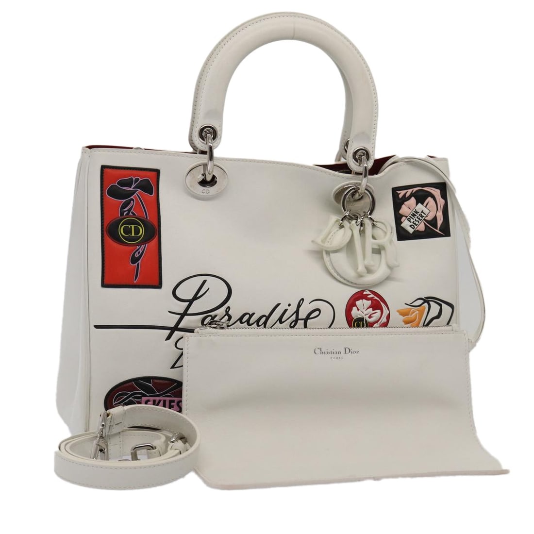 Christian Dior 2way Leather Handbag Silver White with Strap Charm: Christian Dior 2way Leather Handbag Silver White with Strap Charm Christian Dior 2-way handbag in silver and white leather with dual carry options. Includes the shoulder strap, guarantee card, pouch, 