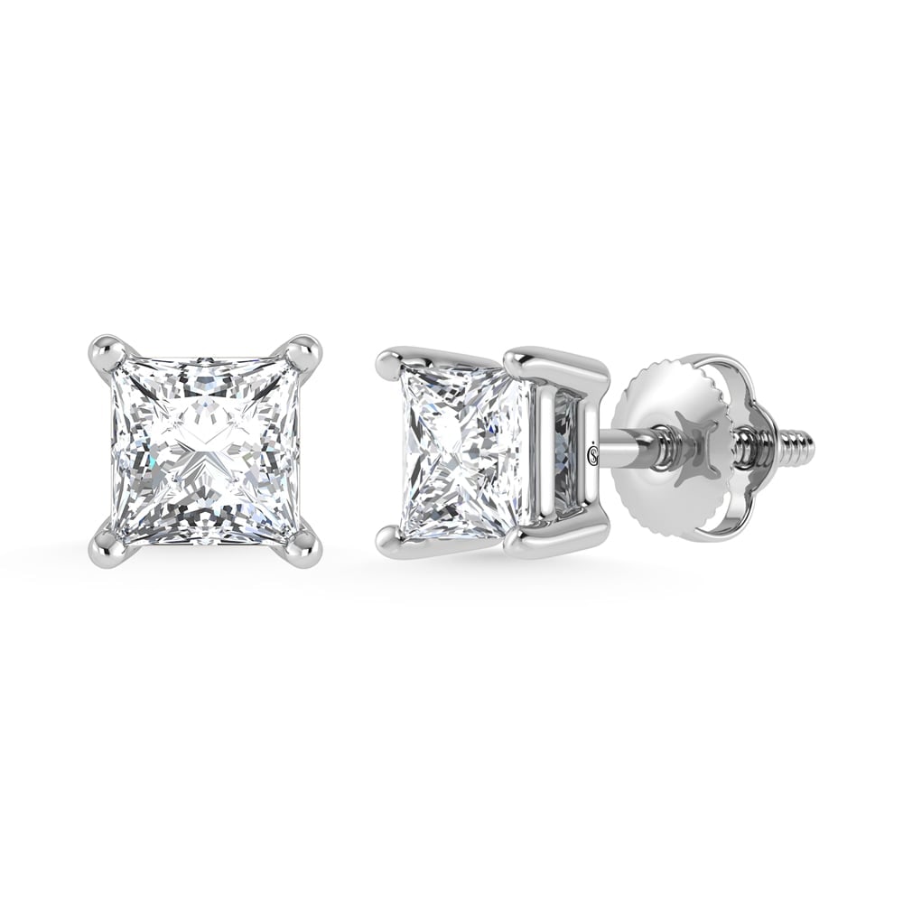 14K White Gold Lab Grown Diamond 1 1/2 Ct.Tw. Starlab Certified VS F+ Princess Stud Earrings: 14K White Gold Lab Grown Diamond 1 1/2 Ct.Tw. Starlab Certified VS F+ Princess Stud Earrings (Available in 0.50ct to 1.50ct) A refined statement, these white gold studs showcase 1 1/2 Ct.Tw. of lab-gr