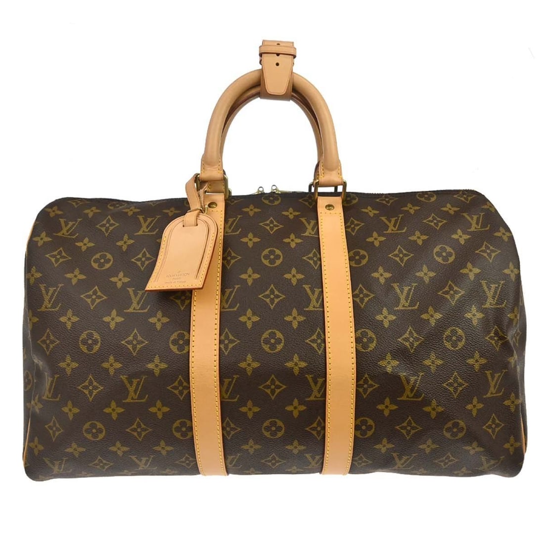 Louis Vuitton Keepall 45 Monogram Canvas Duffle Bag M41428: Louis Vuitton Keepall 45 Monogram Canvas Duffle Bag M41428 Louis Vuitton Keepall 45 travel duffle handbag in Monogram canvas and leather, made in France. It features a zip closure, double handles with