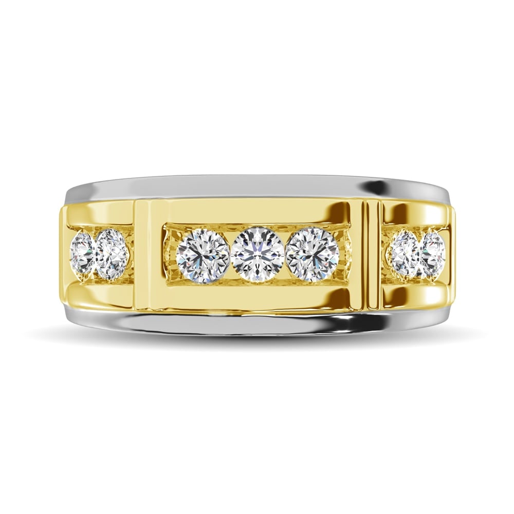 Diamond 1 Ct.Tw. Mens Wedding Band in 10K White Gold with Yellow Gold Accent: Diamond 1 Ct.Tw. Mens Wedding Band in 10K White Gold with Yellow Gold Accent 10k Two Tone Stone Clarity: I1 Each ring is presented in standard size 6.5. Complimentary resizing is available between siz