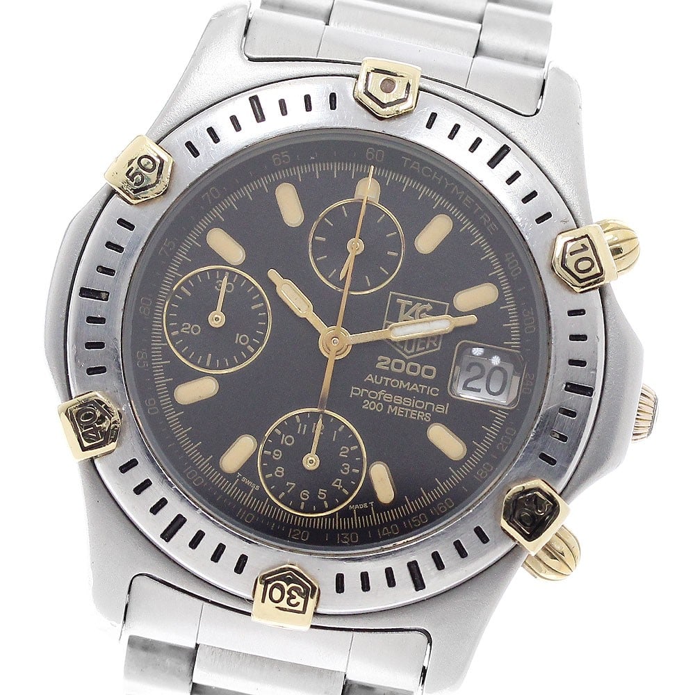 TAG Heuer 2000 Series stainless steel automatic chronograph watch: TAG Heuer 2000 Series stainless steel automatic chronograph watch This TAG Heuer 2000 Series Chronograph men's wristwatch features a stainless steel case and bracelet with a black dial. The watch is p