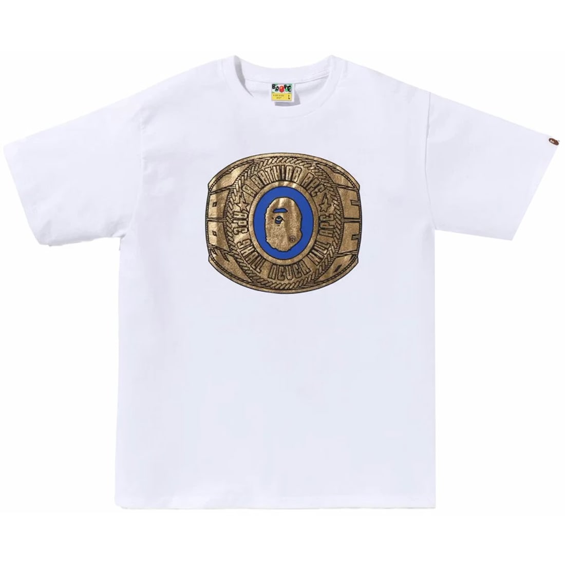 BAPE White Foil Graphic College Ring T Shirt Small: BAPE White Foil Graphic College Ring T Shirt Small This BAPE Foil College Ring Tee features a white colorway with a distinctive foil graphic detail on the front. The shirt is designed in the classic B