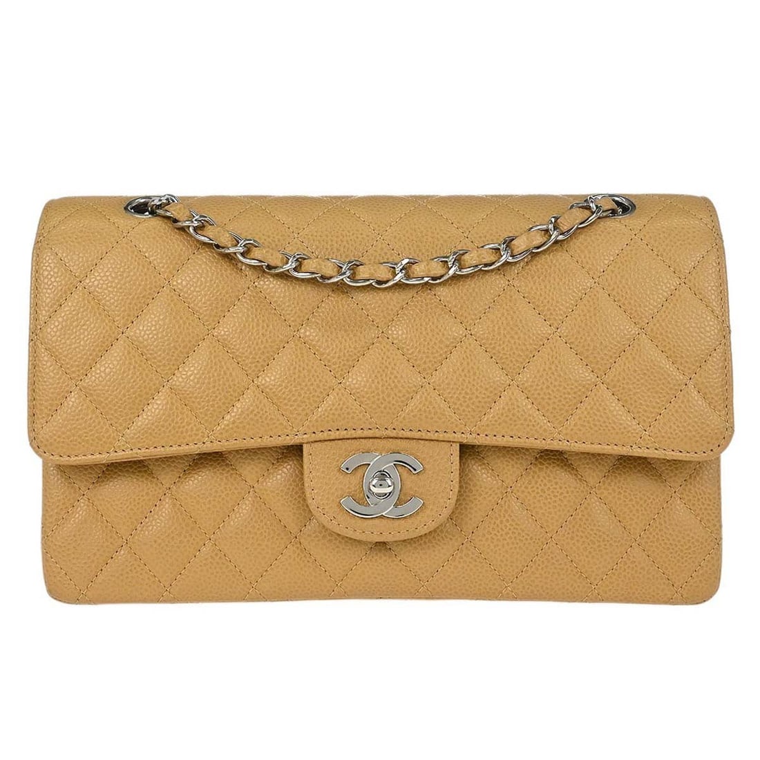 CHANEL Classic Double Flap Medium Beige Caviar Leather Shoulder Bag: CHANEL Classic Double Flap Medium Beige Caviar Leather Shoulder Bag Chanel Classic Double Flap Medium shoulder bag in beige caviar skin leather with a matelasse pattern and logo accent. It features a 