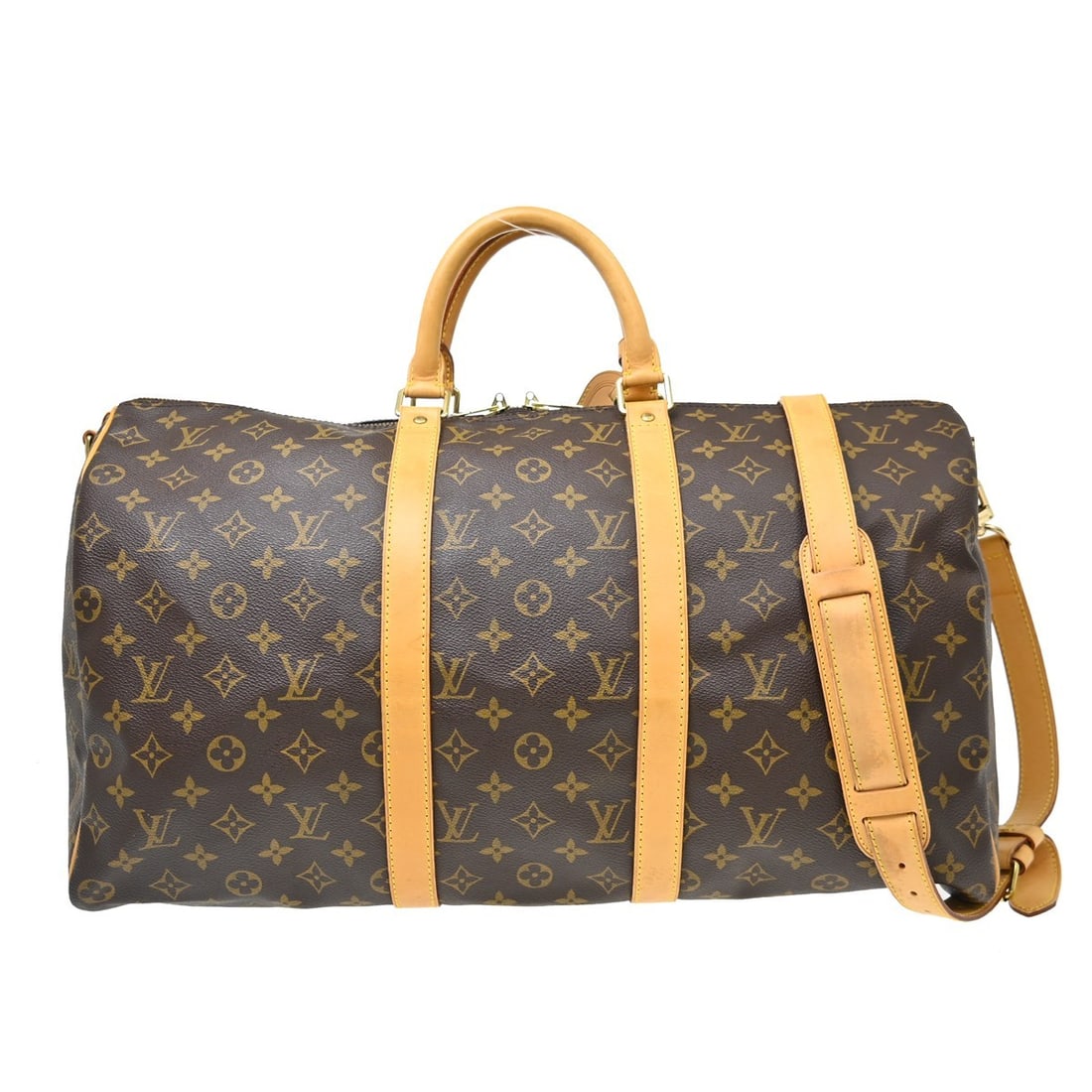 Louis Vuitton Keepall Bandouliere 50 Monogram Travel Bag M41416: Louis Vuitton Keepall Bandouliere 50 Monogram Travel Bag M41416 Vintage Louis Vuitton Keepall 50 Bandouliere handbag in brown Monogram canvas with leather trim. This large unisex travel bag features a