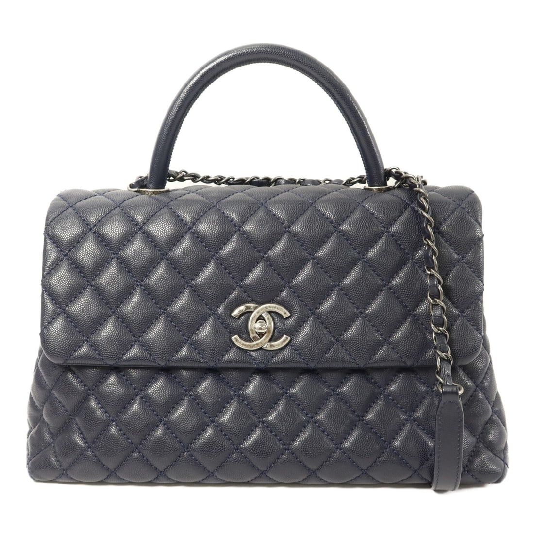 CHANEL A92291 Coco Handle Large Shoulder Bag Navy Calfskin: CHANEL A92291 Coco Handle Large Shoulder Bag Navy Calfskin CHANEL CC Coco Handle Large Chain Shoulder Bag, model A92291, in navy blue calfskin leather. It features a turn lock closure, a top handle, a