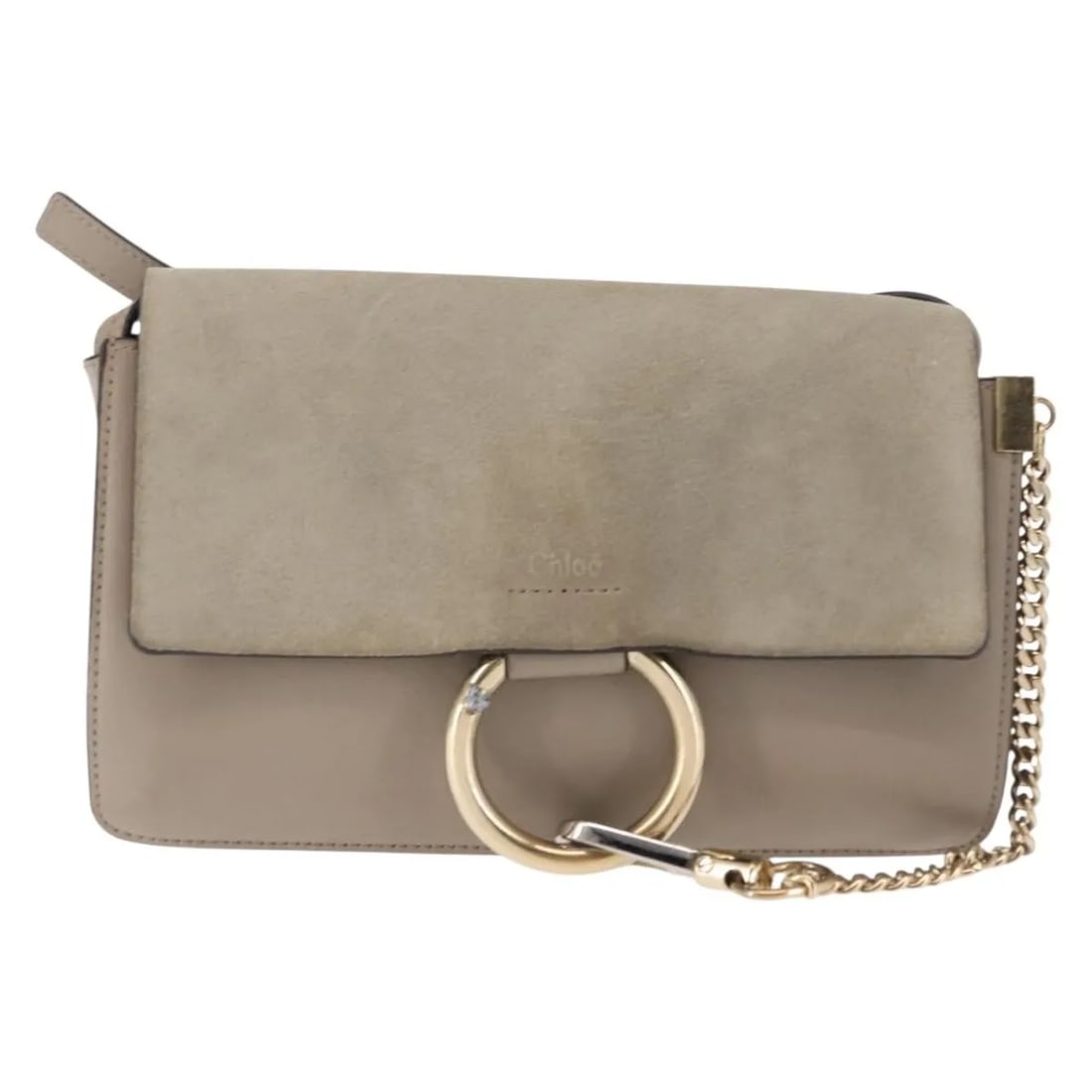 Chloe Faye beige suede shoulder bag: Chloe Faye beige suede shoulder bag The Chloe Faye Shoulder Bag features a beige suede exterior and is designed for women. This pre-owned bag shows signs of use, including surface rubbing, slight shap