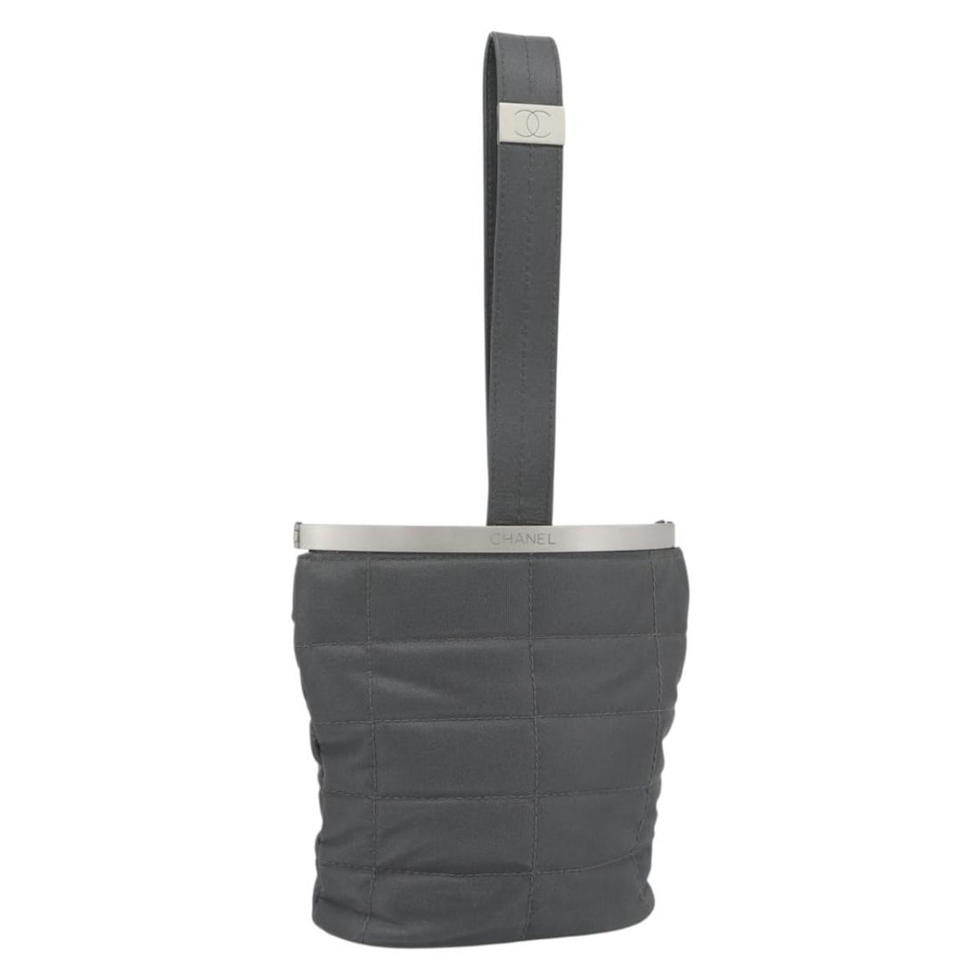 CHANEL Choco Bar Nylon Hand Pouch Gray Silver CC: CHANEL Choco Bar Nylon Hand Pouch Gray Silver CC CHANEL hand bag in gray/silver nylon, made in France. It features a compact hand pouch style with a handle drop of approximately 18 cm. The item is off