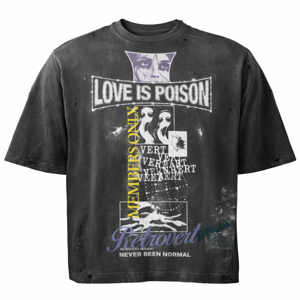 Black Retrovert Love Is Poison T Shirt Large: Black Retrovert Love Is Poison T Shirt Large This black tee features the Retrovert 'Love is Poison' design. It is available in a large size and offers a comfortable and stylish fit. Specifications Bra