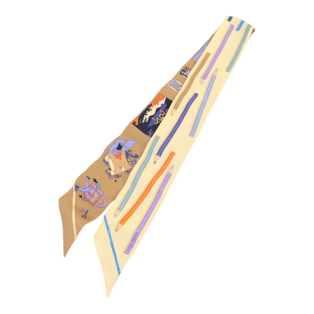 Hermes Twilly Silk Scarf Brown Beige Orange Multicolor: Hermes Twilly Silk Scarf Brown Beige Orange Multicolor A Hermes Twilly scarf made of silk in a Brown/Beige/Orange/Multicolor colorway. Designed for women, it is a regular size scarf made in France and
