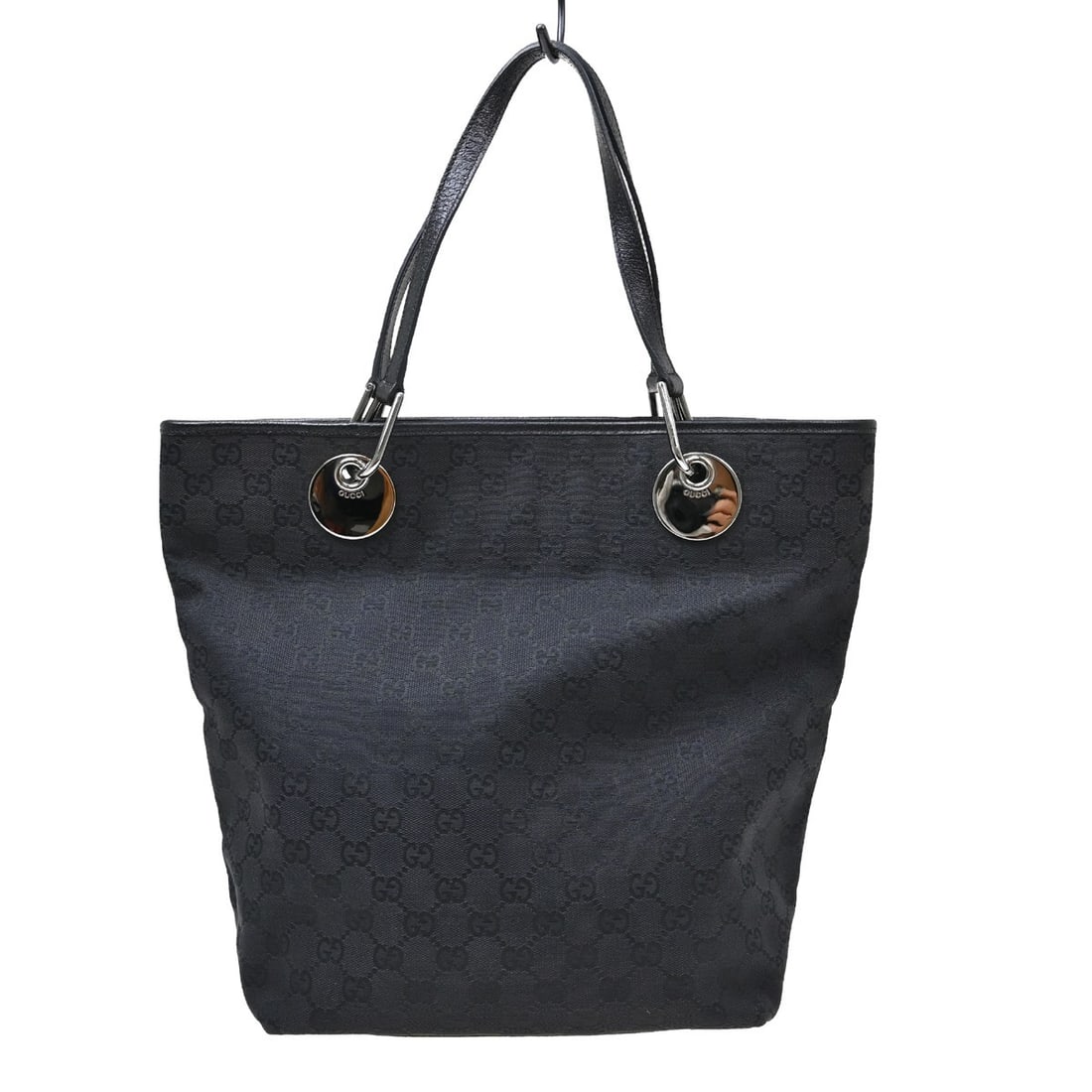 Gucci GG Medium Black Canvas Leather Tote Bag 120836: Gucci GG Medium Black Canvas Leather Tote Bag 120836 Black Gucci tote handbag in medium size, made from canvas and leather, with a black exterior. It is described as being in good to very good outside