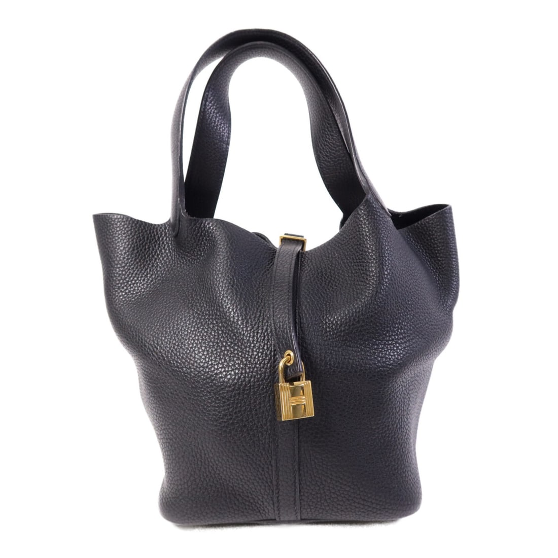 Hermes Picotin MM Clemence Calfskin Bucket Tote Black: Hermes Picotin MM Clemence Calfskin Bucket Tote Black Hermes Picotin MM handbag/bucket tote in Noir black, made from Taurillon Clemence and calfskin (cowhide). It features black frame color, belt hard