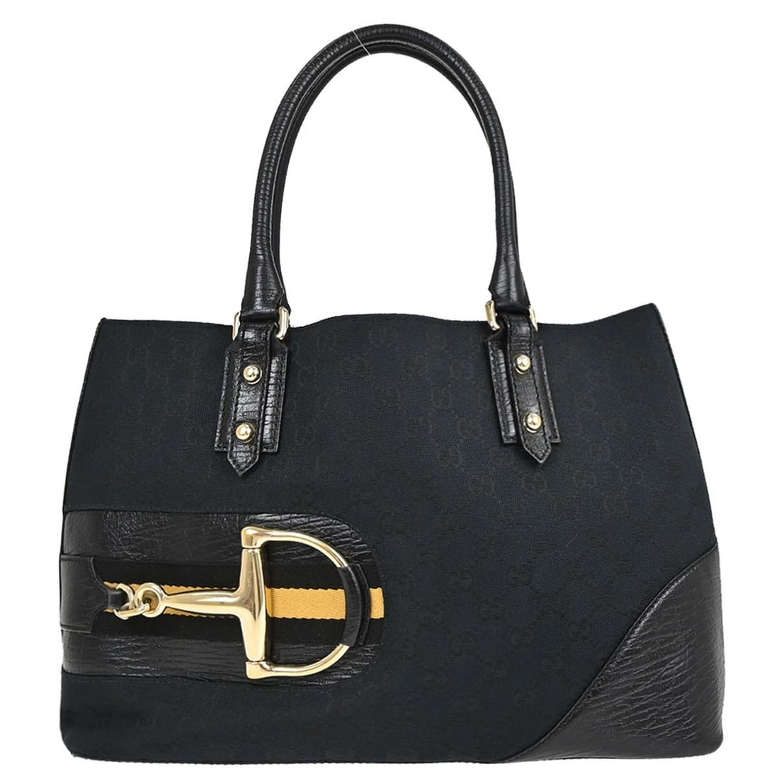 Gucci Horsebit GG Canvas Leather Tote Bag Black Medium: Gucci Horsebit GG Canvas Leather Tote Bag Black Medium Gucci black canvas and leather tote handbag in medium size, made in Italy. It features a horsebit GG design, an exterior black finish, one interi