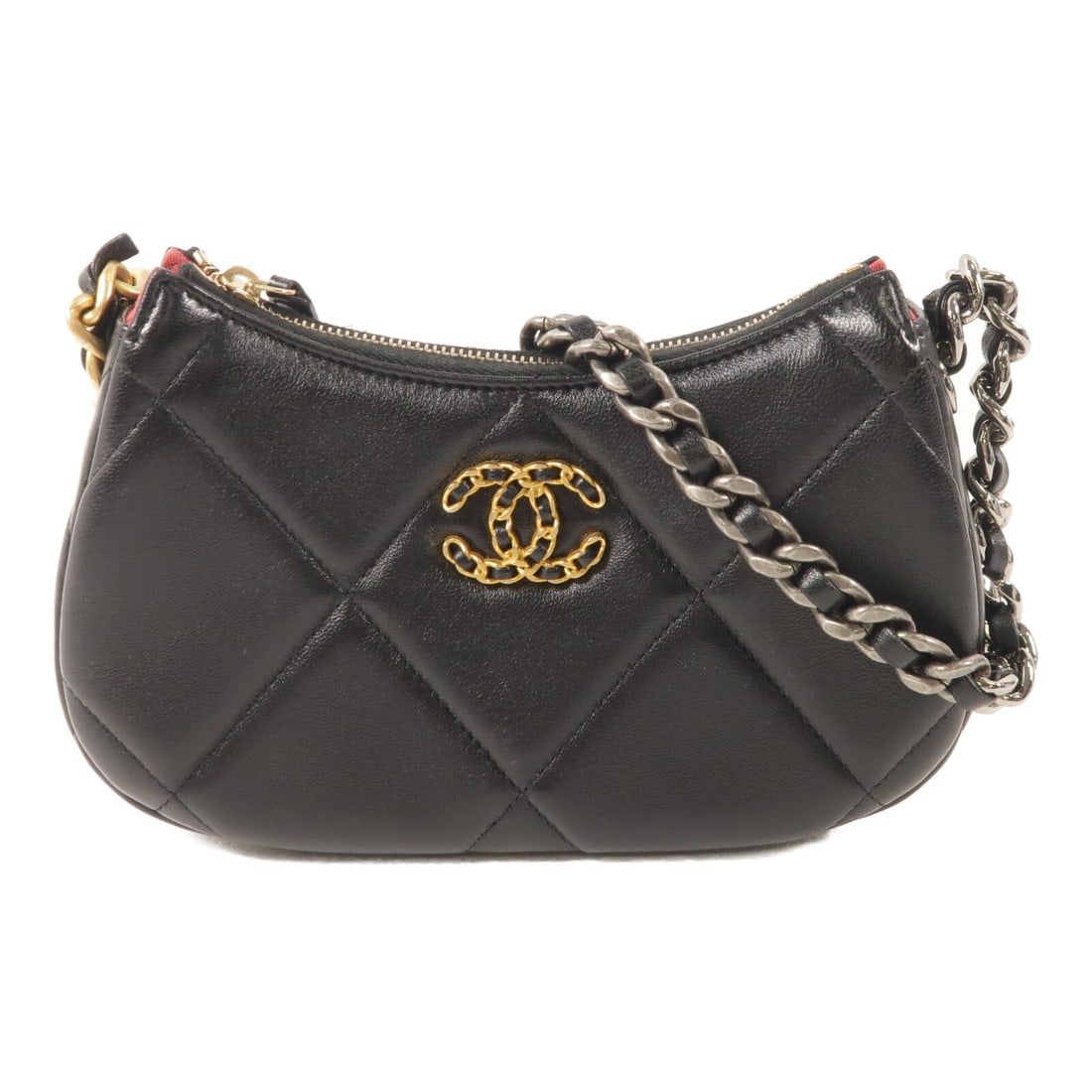 CHANEL C19 CC black lambskin hobo shoulder bag: CHANEL C19 CC black lambskin hobo shoulder bag A CHANEL CC C19 hobo shoulder bag in black lambskin (sheep leather). It is a women's regular-size shoulder bag with a black frame color, made in France a