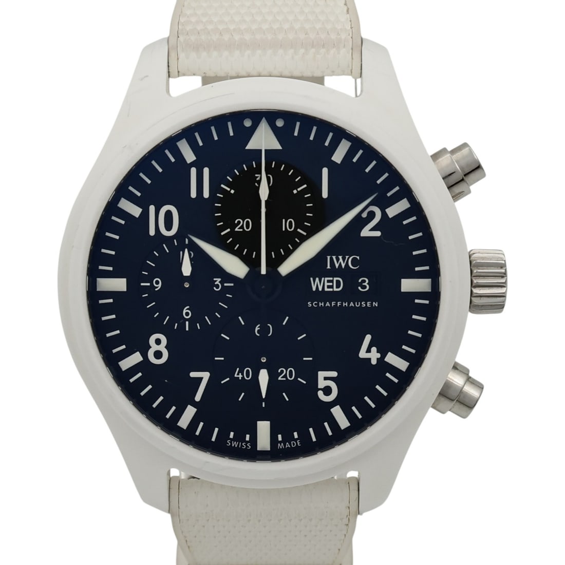 IWC IW389105 Top Gun Pilot Chronograph Ceramic Automatic Watch: IWC IW389105 Top Gun Pilot Chronograph Ceramic Automatic Watch IWC Pilot Chronograph Top Gun IW389105 automatic watch with a ceramic case in black and white. It features a white dial, automatic windin