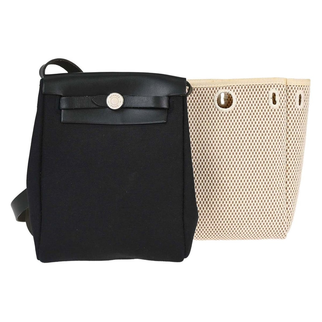 Hermes Herbag TPM 2 in 1 Black Toile Officier Shoulder Bag: Hermes Herbag TPM 2 in 1 Black Toile Officier Shoulder Bag Hermes Herbag TPM 2 in 1 shoulder bag in black and natural Toile Officier, Toile GM, and leather. This women's bag features a flap closure, c