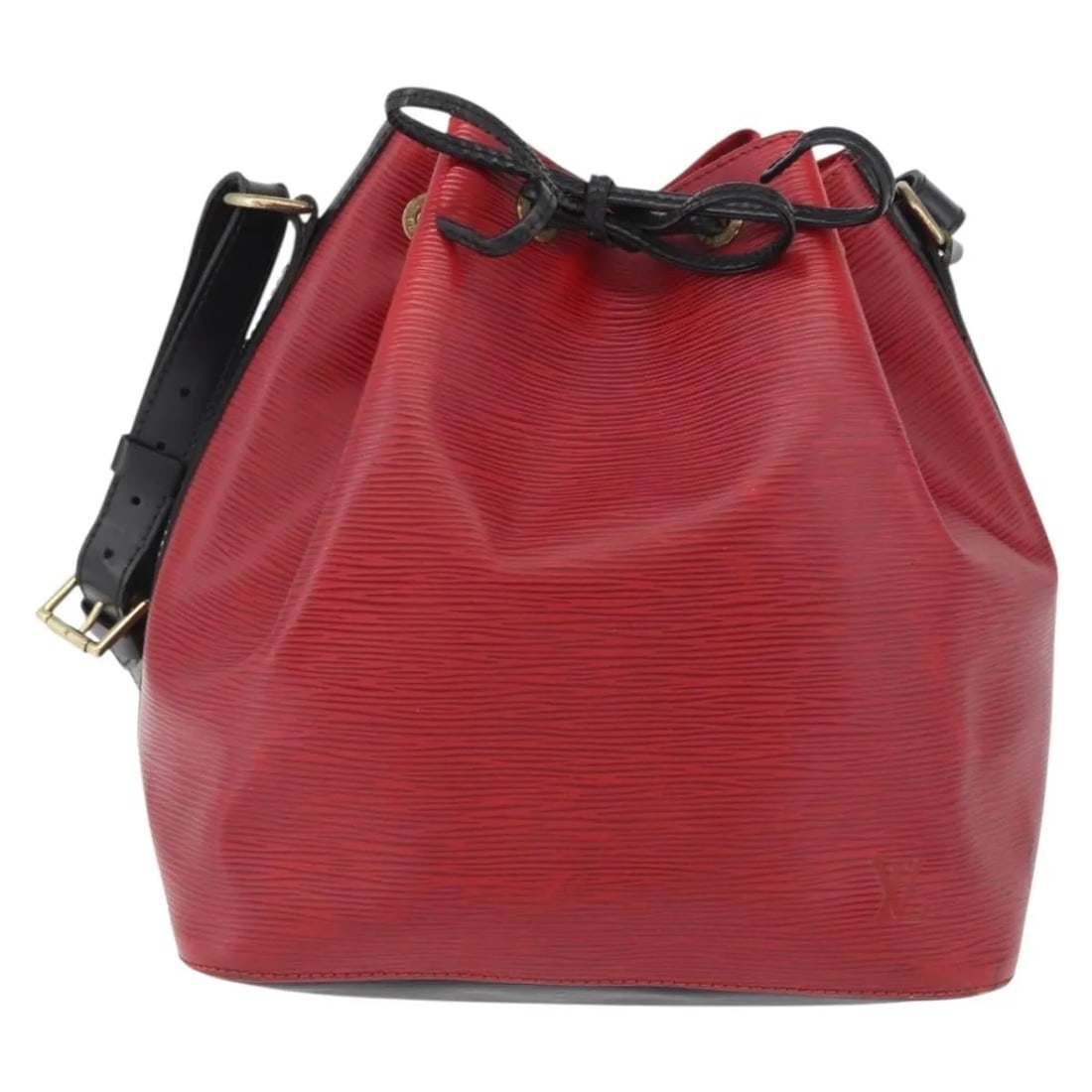 Louis Vuitton Petit Noe red leather shoulder bag: Louis Vuitton Petit Noe red leather shoulder bag This Louis Vuitton Petit Noe handbag for women features red Epi leather with a shoulder strap. The handbag shows signs of wear including loss of shape,