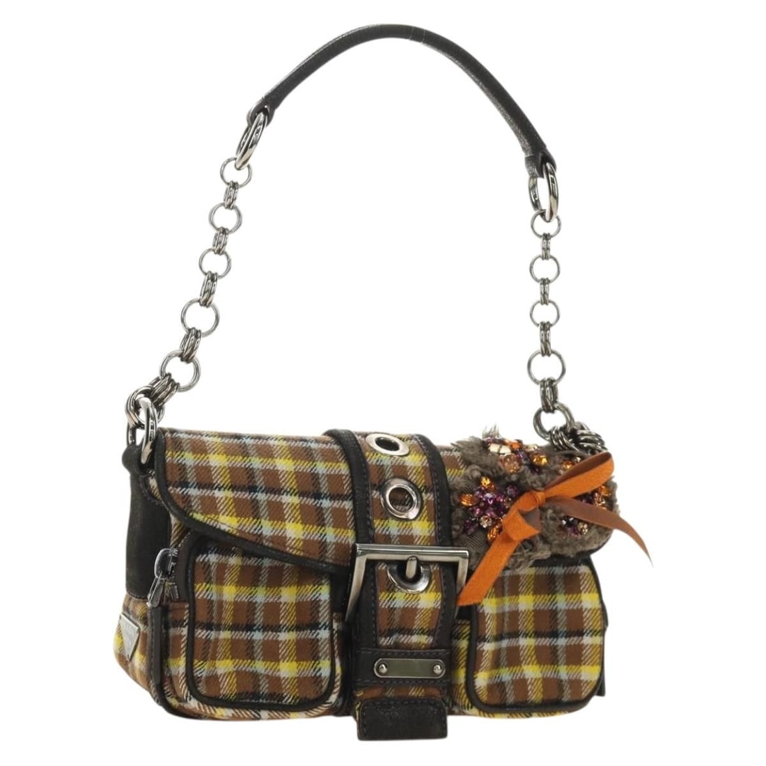 Prada Brown Canvas Shoulder Bag with Chain Strap Dust Bag Card: Prada Brown Canvas Shoulder Bag with Chain Strap Dust Bag Card A Prada chain shoulder bag in brown and silver, made from canvas and crafted in Italy. It comes with a dust bag and guarantee card. The b